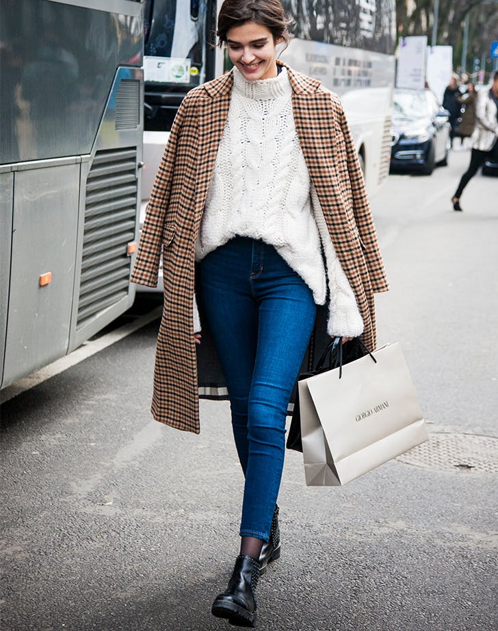 Cream Cable Knit Sweater with Plaid Coat and Black Ankle Boots — Skinny Jeans Outfits