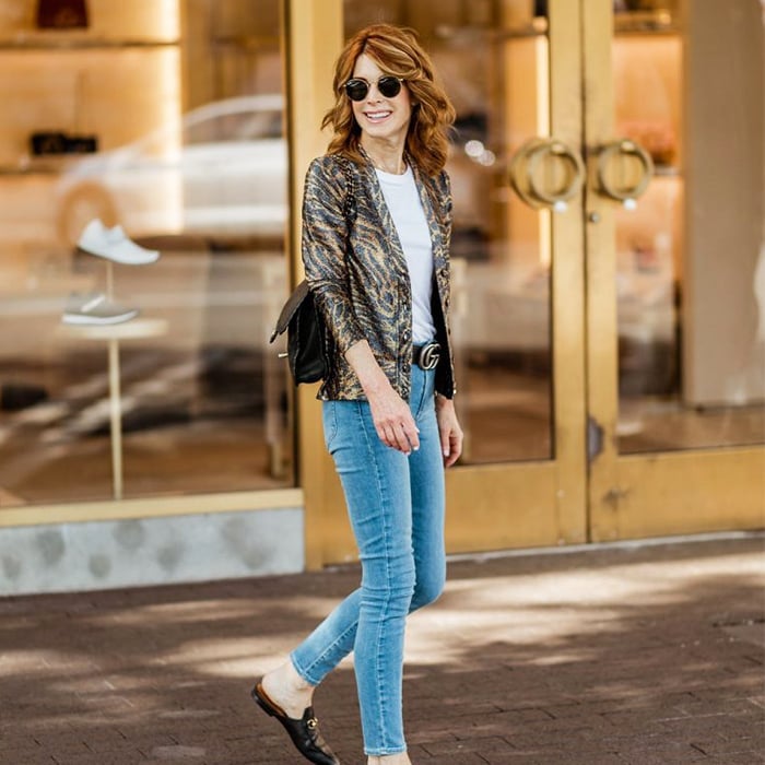 Patterned Blazer with Blue Skinny Jeans — Skinny Jeans Outfits