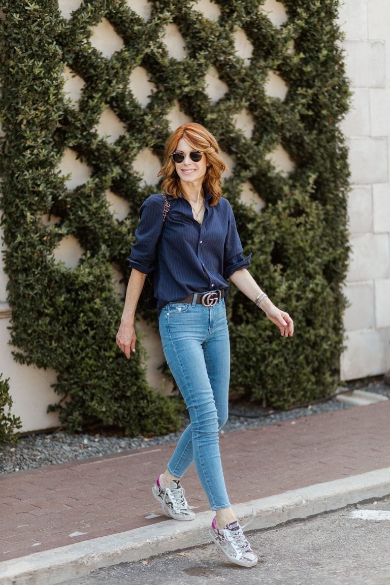 Designer Belt with Navy Pinstripe Shirt — Skinny Jeans Outfits