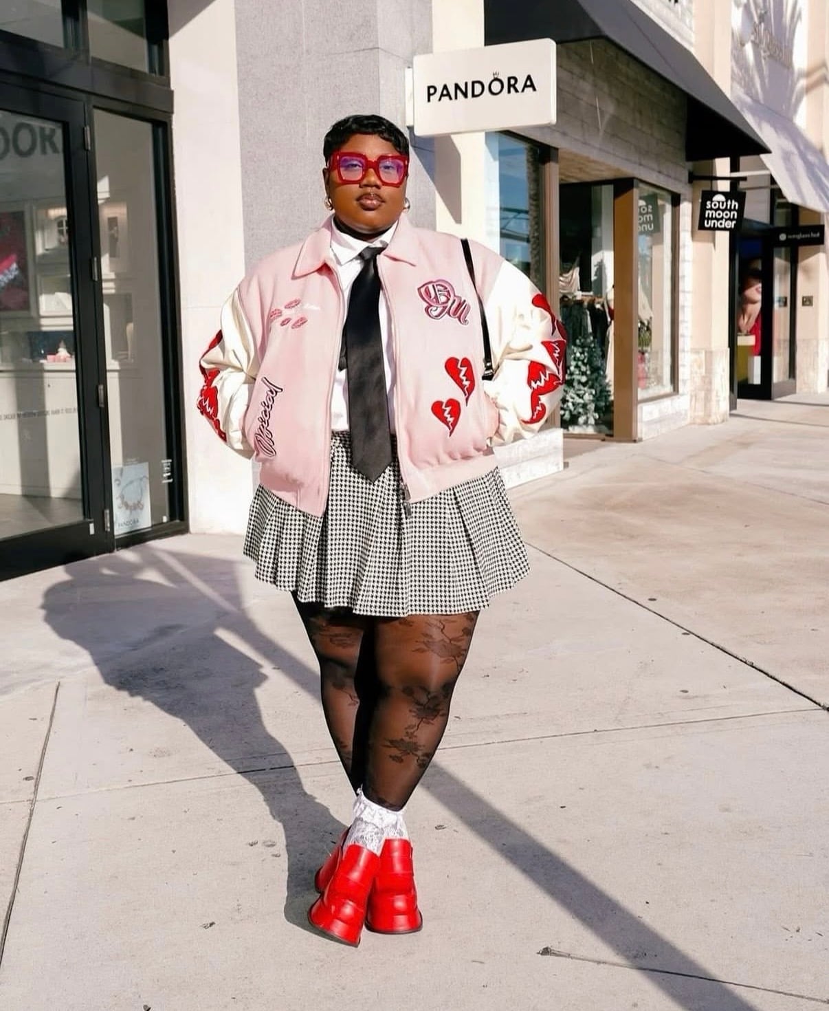 Pink Bomber Jacket With Gingham Mini Skirt — Skirt Outfit Plus Size