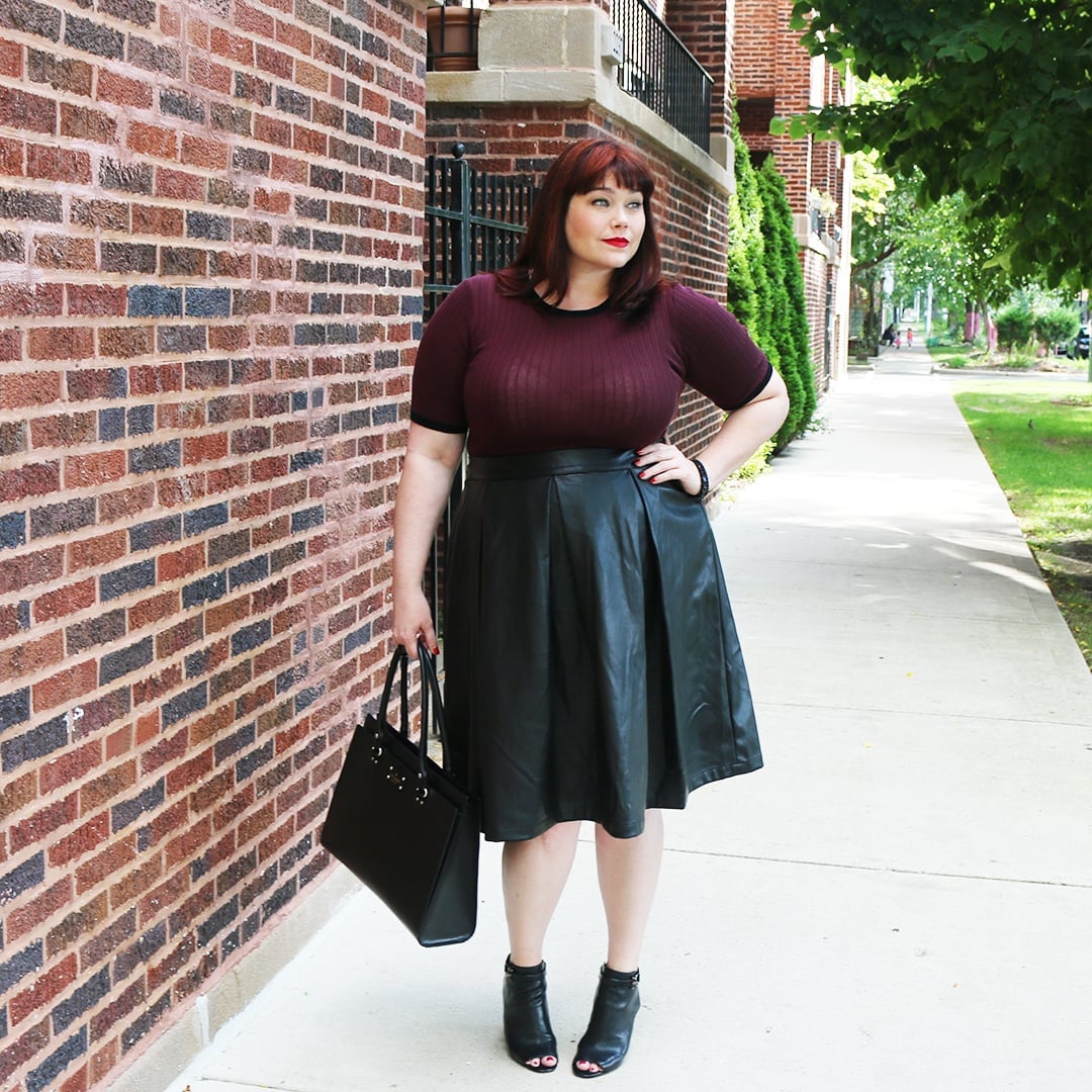 Dark Green Faux Leather Midi Skirt With Ribbed Top — Skirt Outfit Plus Size