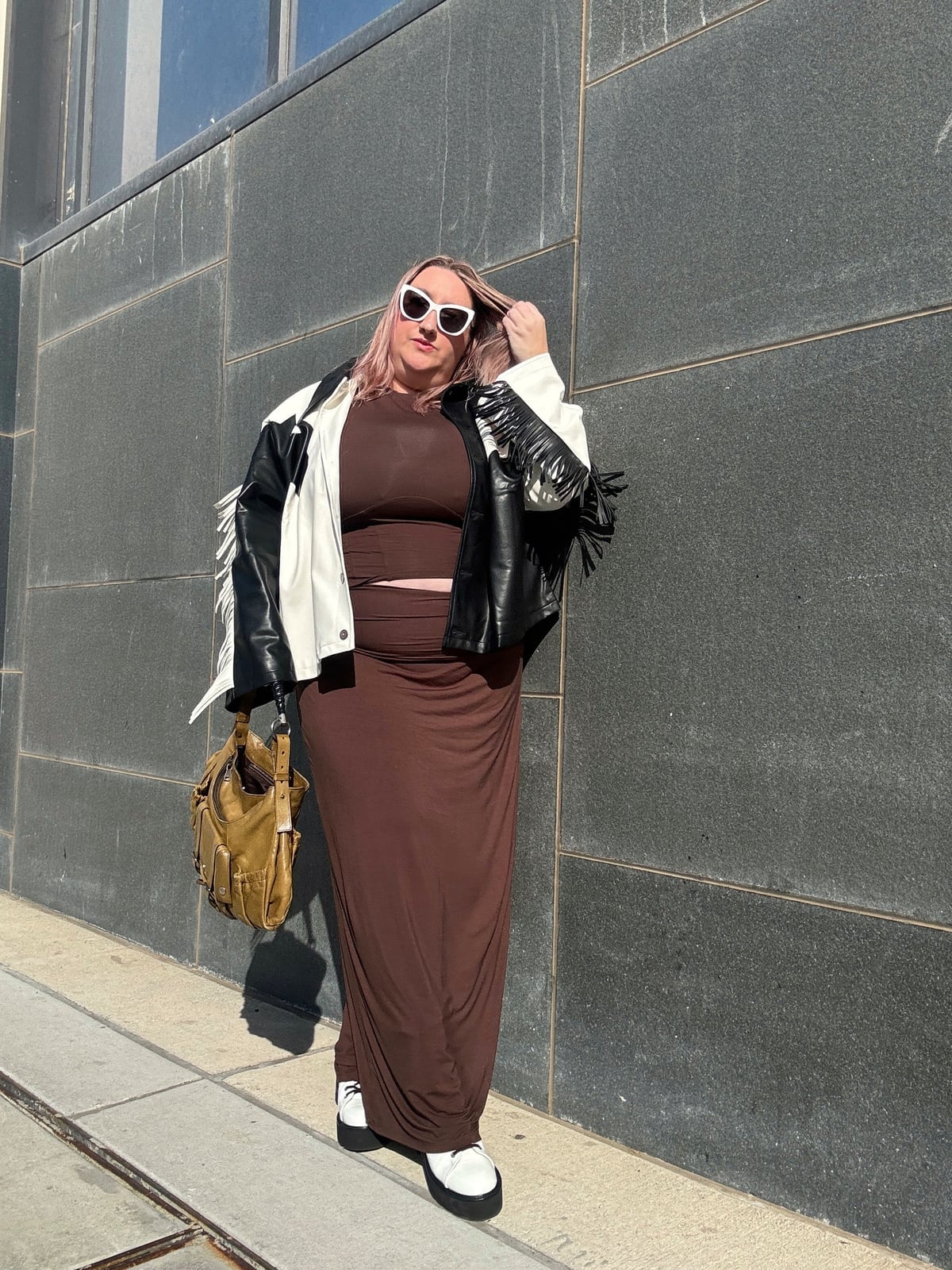 Brown Maxi Skirt With Fringe Jacket — Skirt Outfit Plus Size