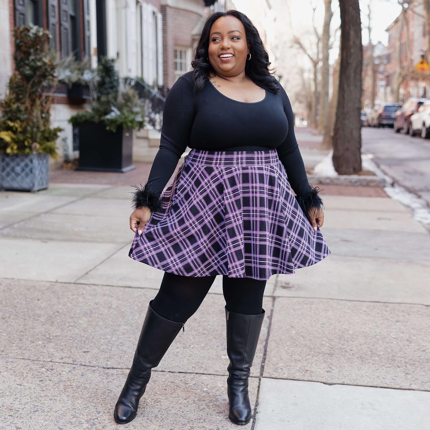 Purple Plaid Skater Skirt With Feather Cuffs — Skirt Outfit Plus Size