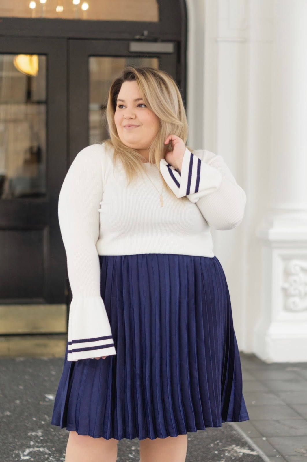 Navy Pleated Midi Skirt With Striped Cuffs Sweater — Skirt Outfit Plus Size