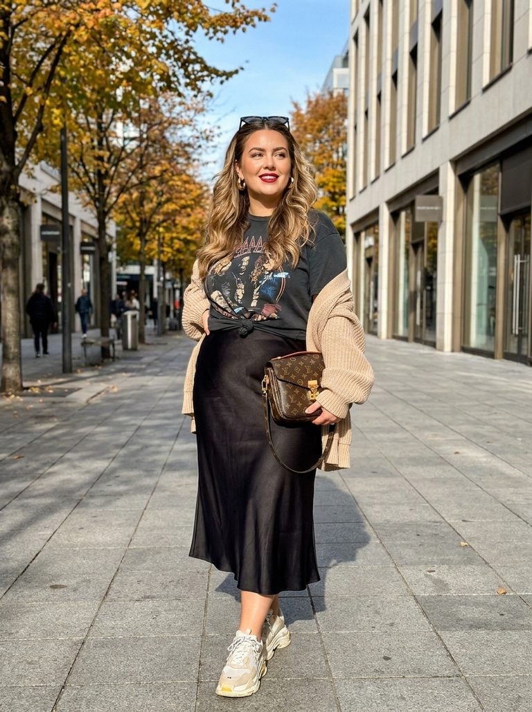 Black Satin Slip Skirt With Graphic T-Shirt — Skirt Outfit Plus Size
