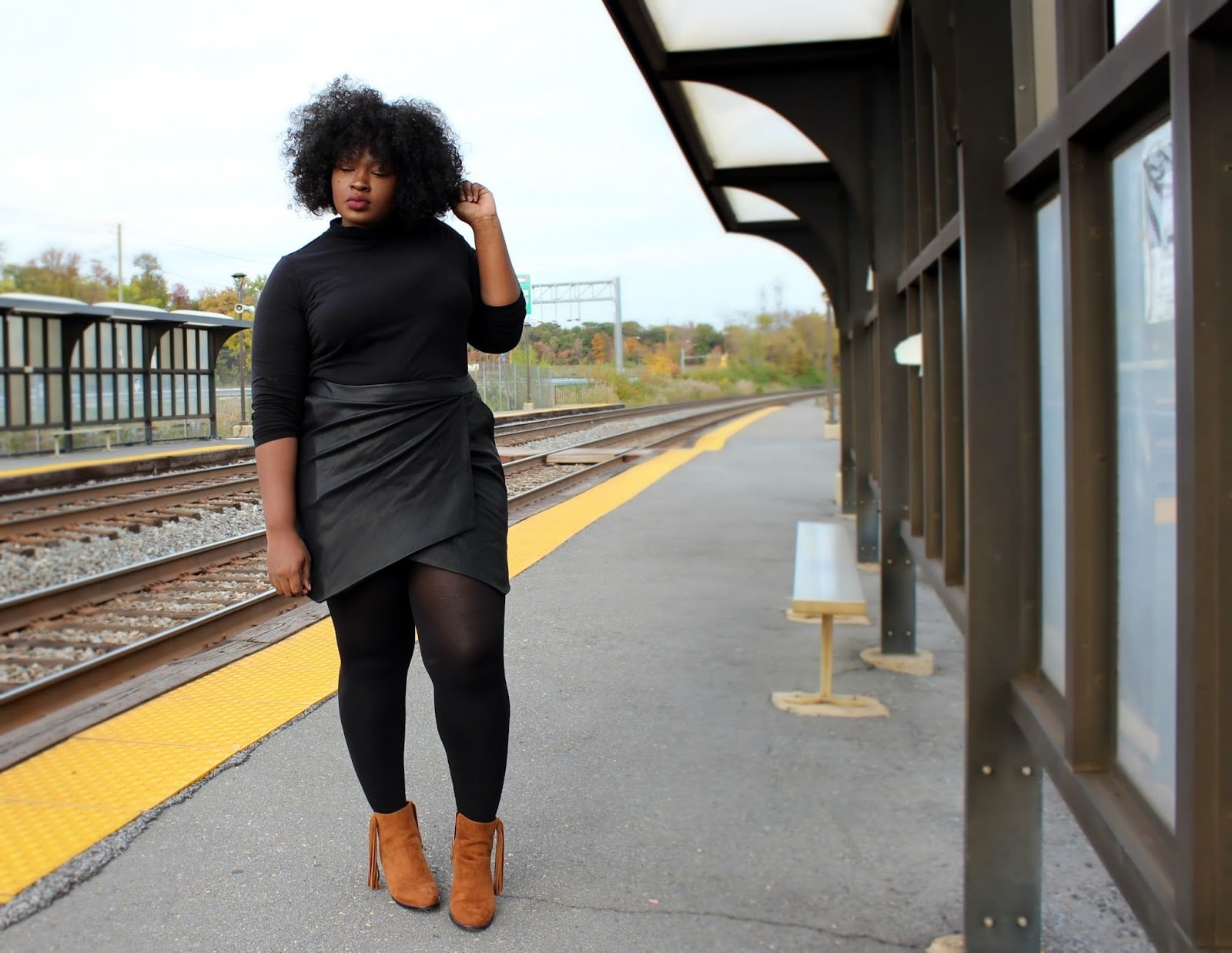 Black Faux Leather Asymmetrical Skirt With Turtleneck — Skirt Outfit Plus Size