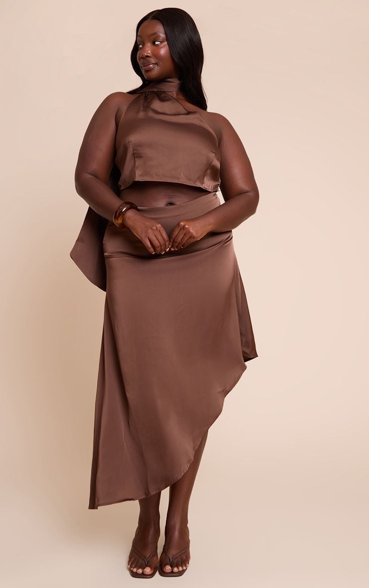 Brown Satin Asymmetrical Midi Skirt Set — Skirt Outfit Plus Size