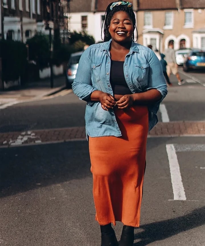 Bright Orange Maxi Skirt With Denim Shirt — Skirt Outfit Plus Size