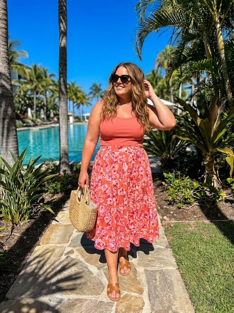 Floral Print Midi Skirt With Coral Tank Top — Skirt Outfit Plus Size