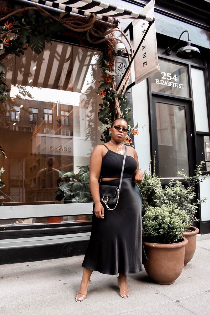 Black Satin Midi Skirt With Ribbed Crop Top — Skirt Outfit Plus Size