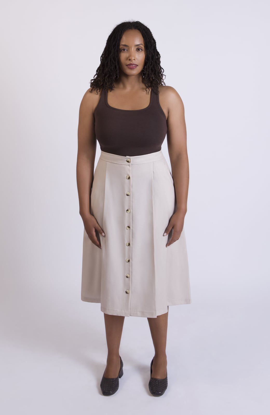 Beige Button-Front Midi Skirt With Tank Top — Skirt Outfit Plus Size