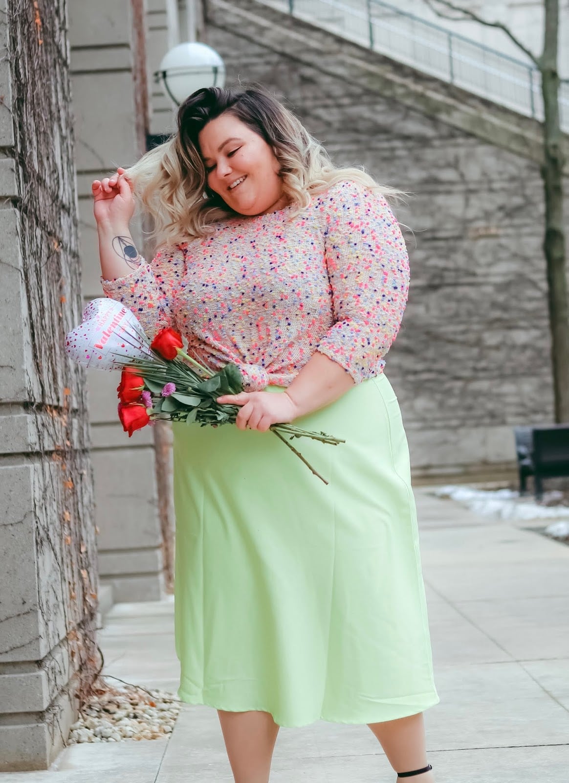 Lime Green Satin Slip Skirt With Sequined Top — Skirt Outfit Plus Size
