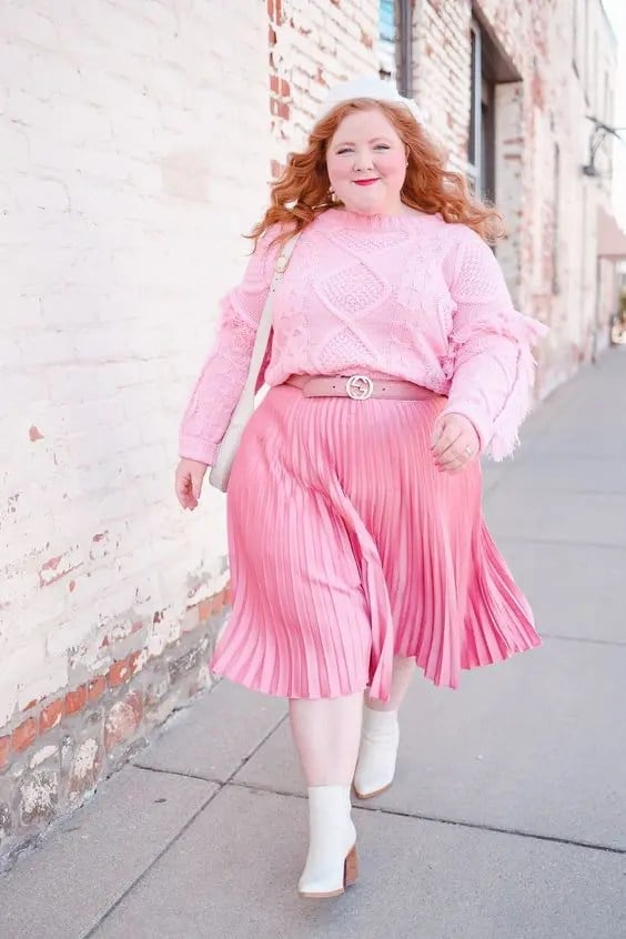 Pink Sweater With Pink Satin Pleated Midi Skirt — Skirt Outfit Plus Size