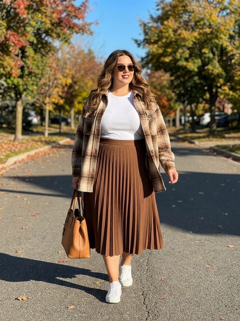 Brown Pleated Midi Skirt With Plaid Shirt — Skirt Outfit Plus Size