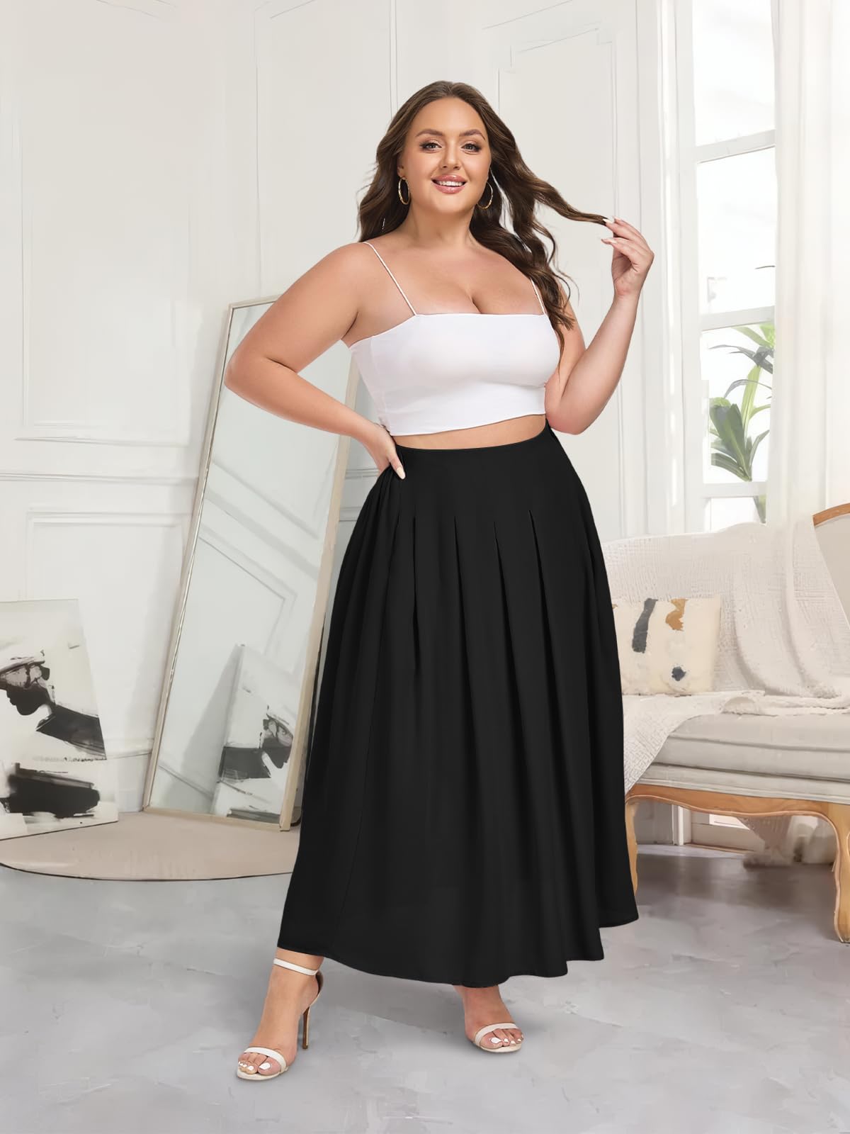 Black Pleated Maxi Skirt With White Crop Top — Skirt Outfit Plus Size