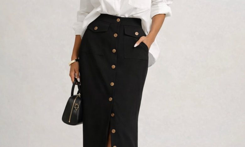Tailored High Waisted Black Midi Skirt with Slit | Button Front Midi Pencil Skirt | Business Casual Skirt – Own Your Drama