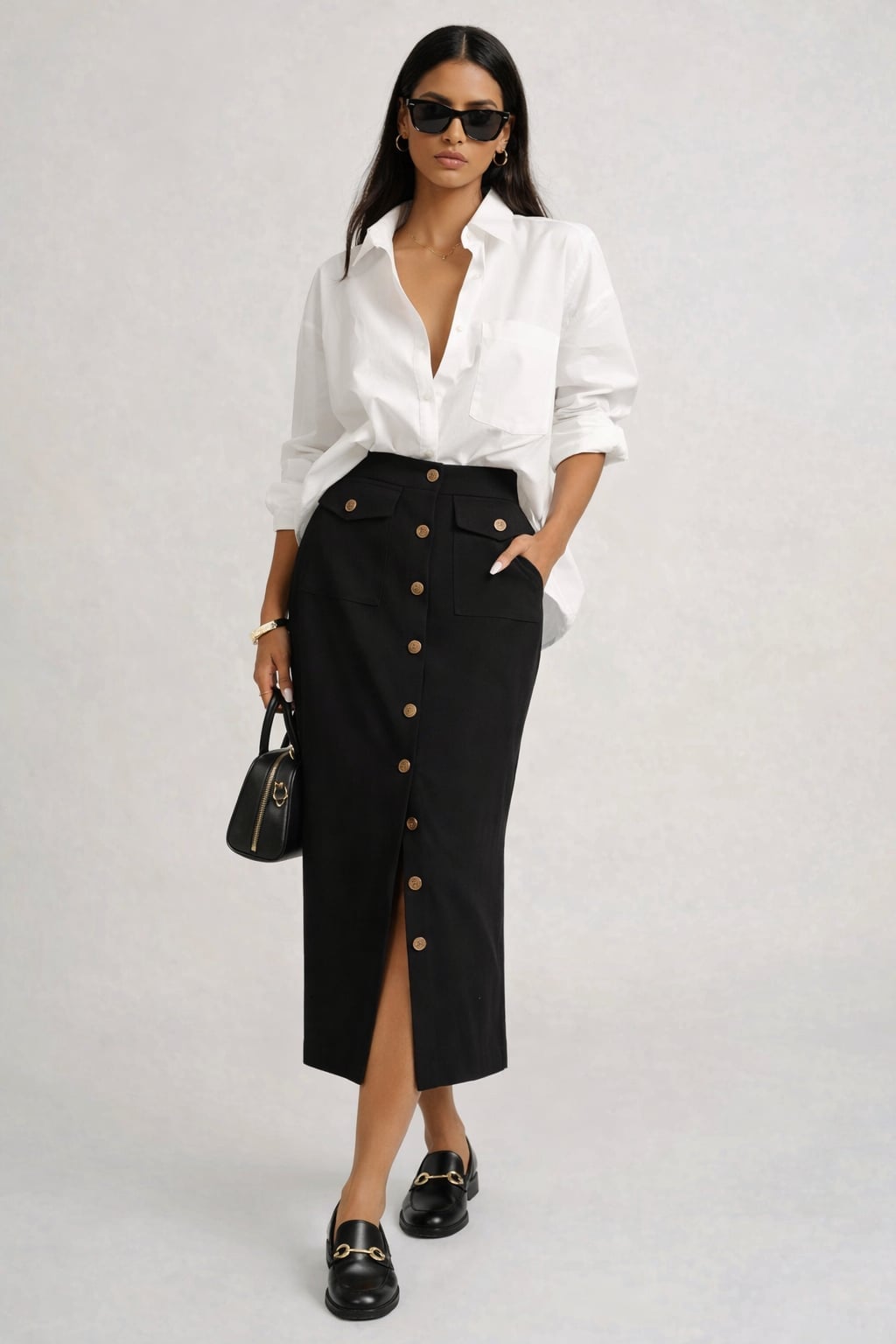 Classic Black Pencil Skirt with White Button-Down Shirt — Skirt Outfit Work