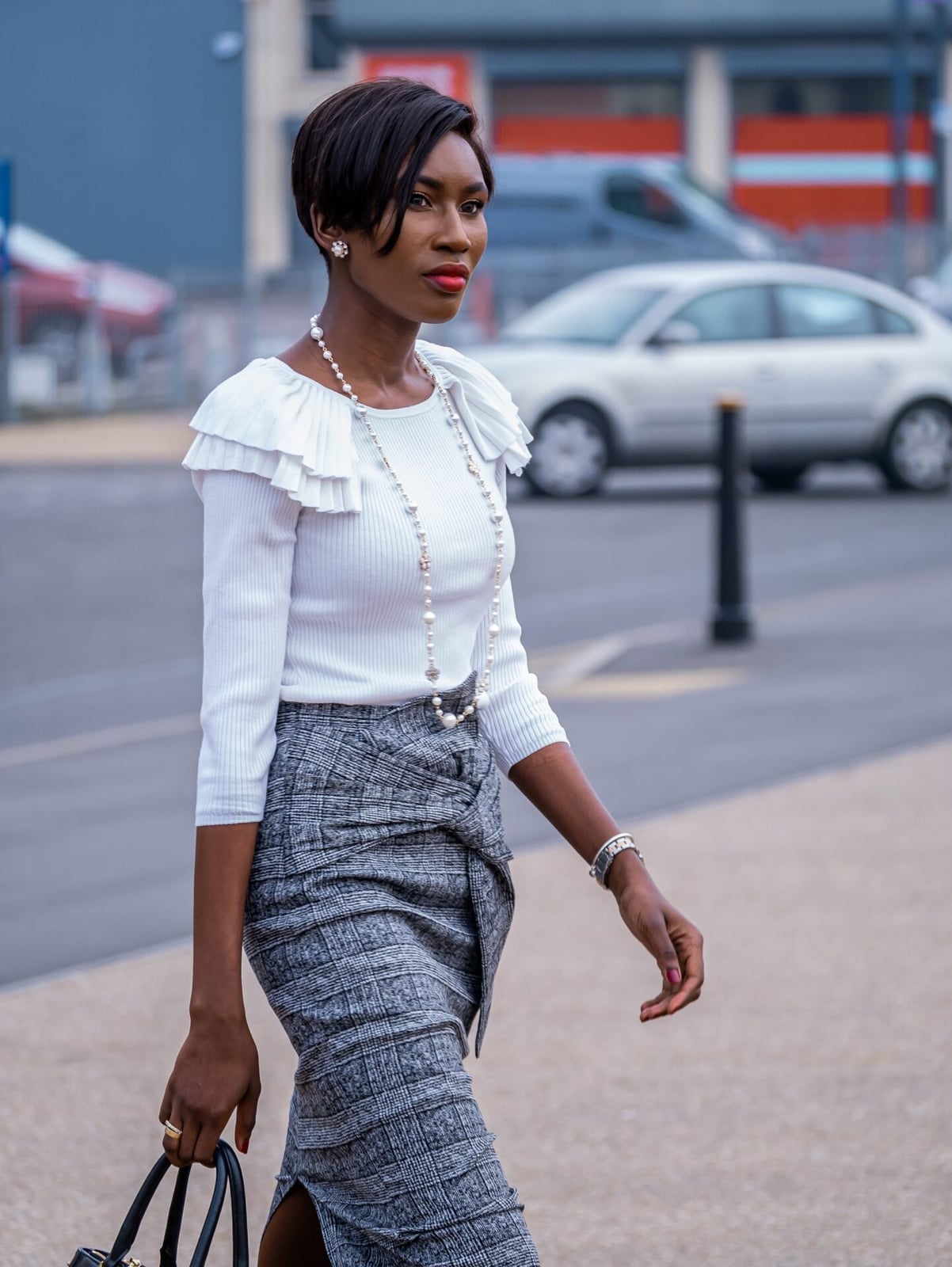Gray Pencil Skirt with Ruffled White Top — Skirt Outfit Work