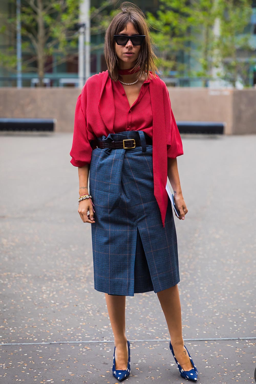 Blue Plaid Pencil Skirt with Red Blouse and Belt — Skirt Outfit Work