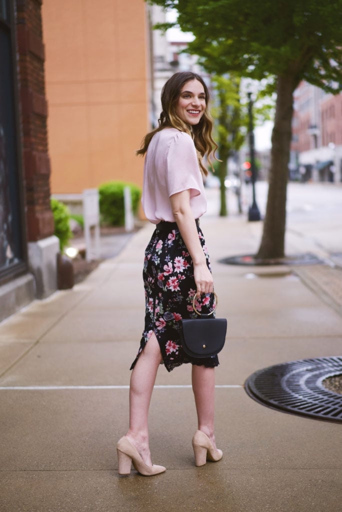 Black Floral Midi Skirt with Pink Silk Blouse — Skirt Outfit Work