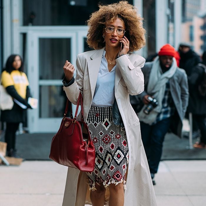 Patterned Pencil Skirt with Fringe Hem and Trench Coat — Skirt Outfit Work