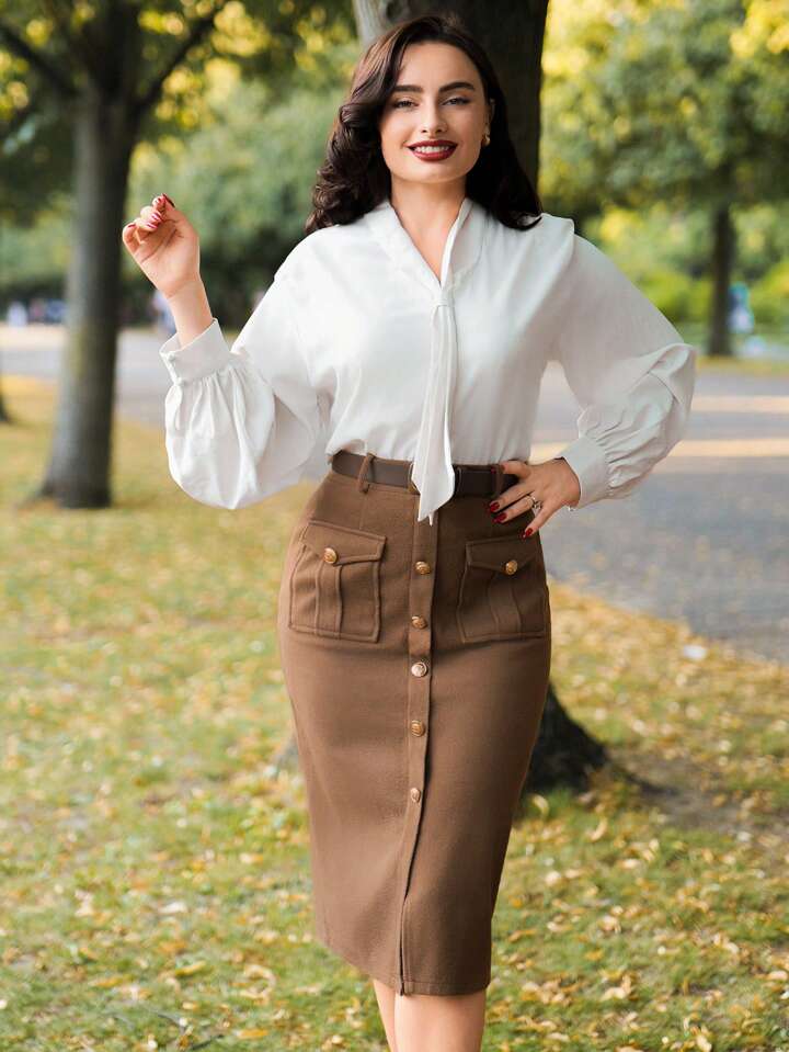 Brown Pencil Skirt with Pussy-Bow Blouse — Skirt Outfit Work