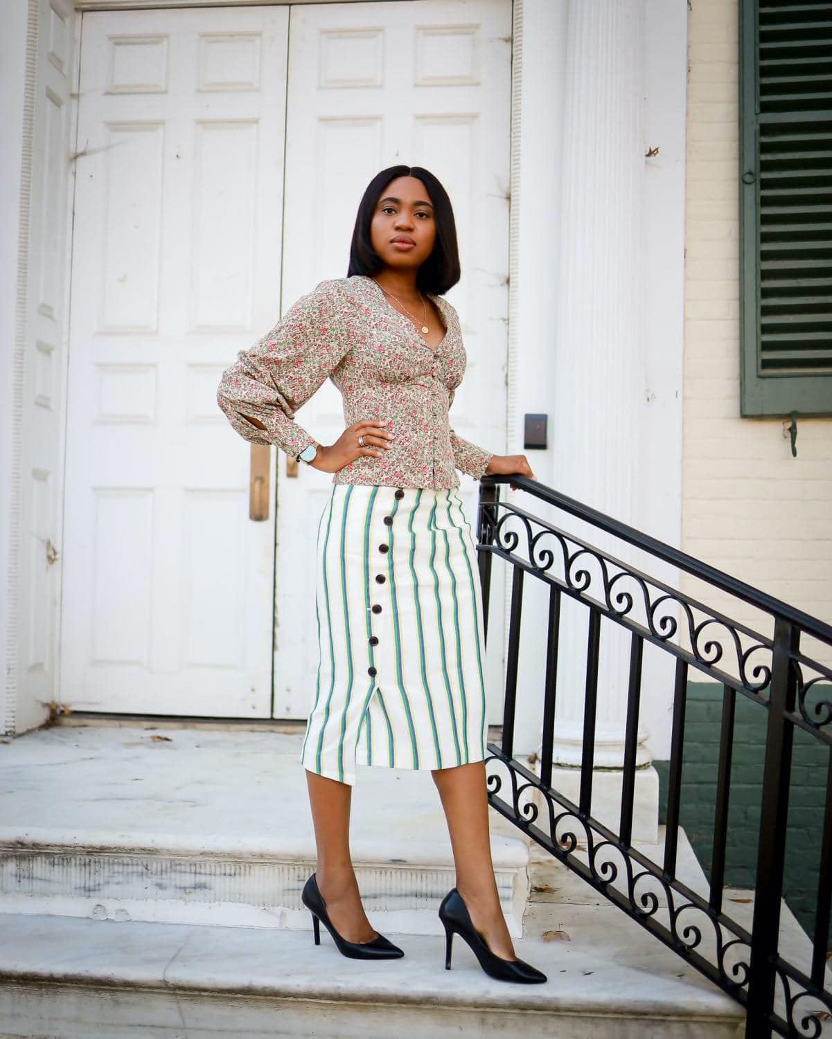 Striped Pencil Skirt with Floral Balloon Sleeve Top — Skirt Outfit Work