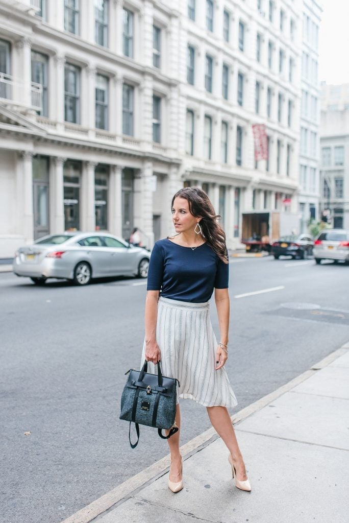 White and Gray Striped A-Line Midi Skirt with Navy Top — Skirt Outfit Work