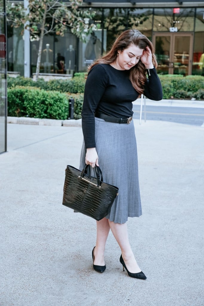 Gray Pleated Midi Skirt with Black Top and Belt — Skirt Outfit Work