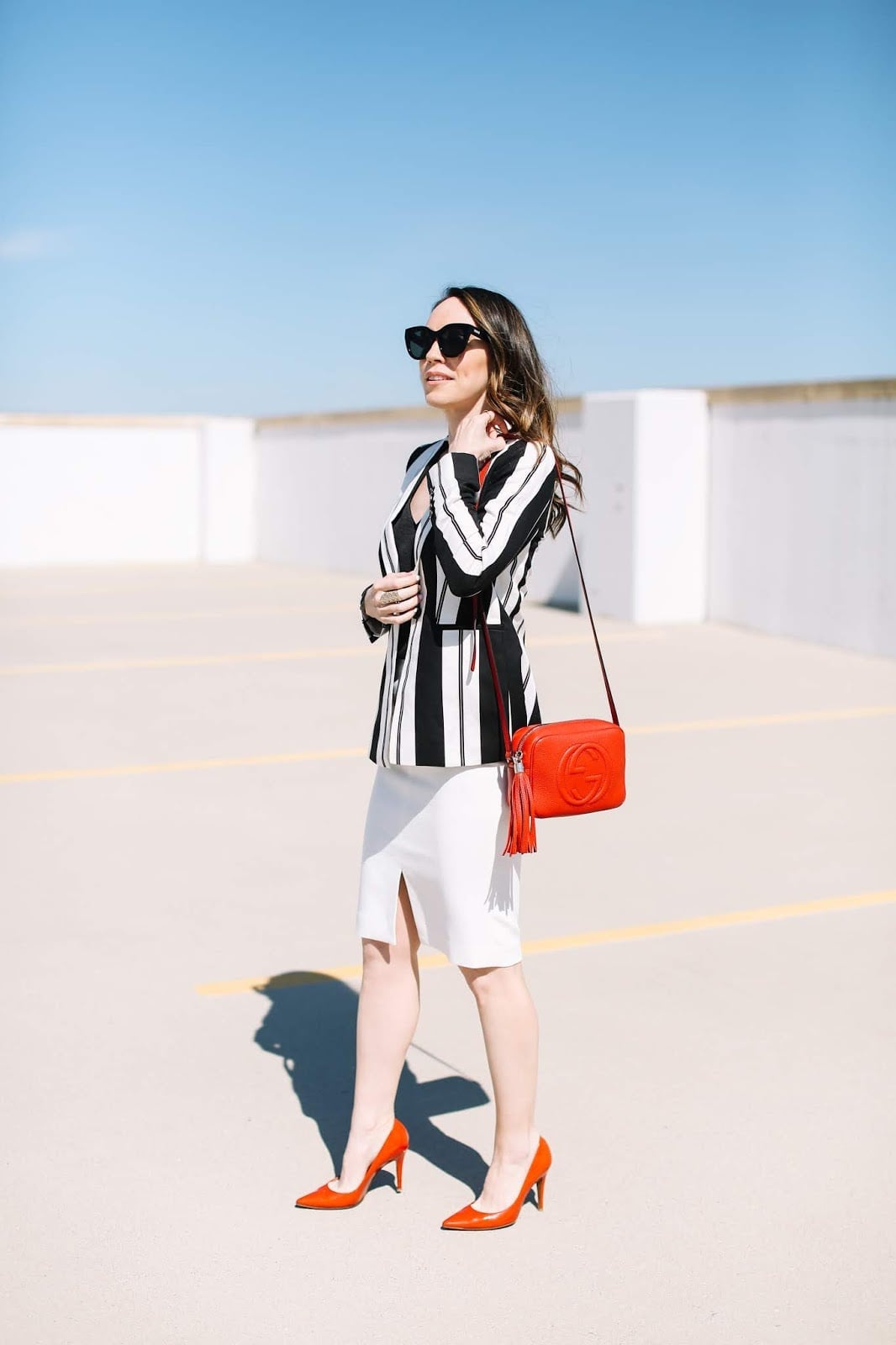 White Pencil Skirt with Striped Blazer and Orange Pumps — Skirt Outfit Work