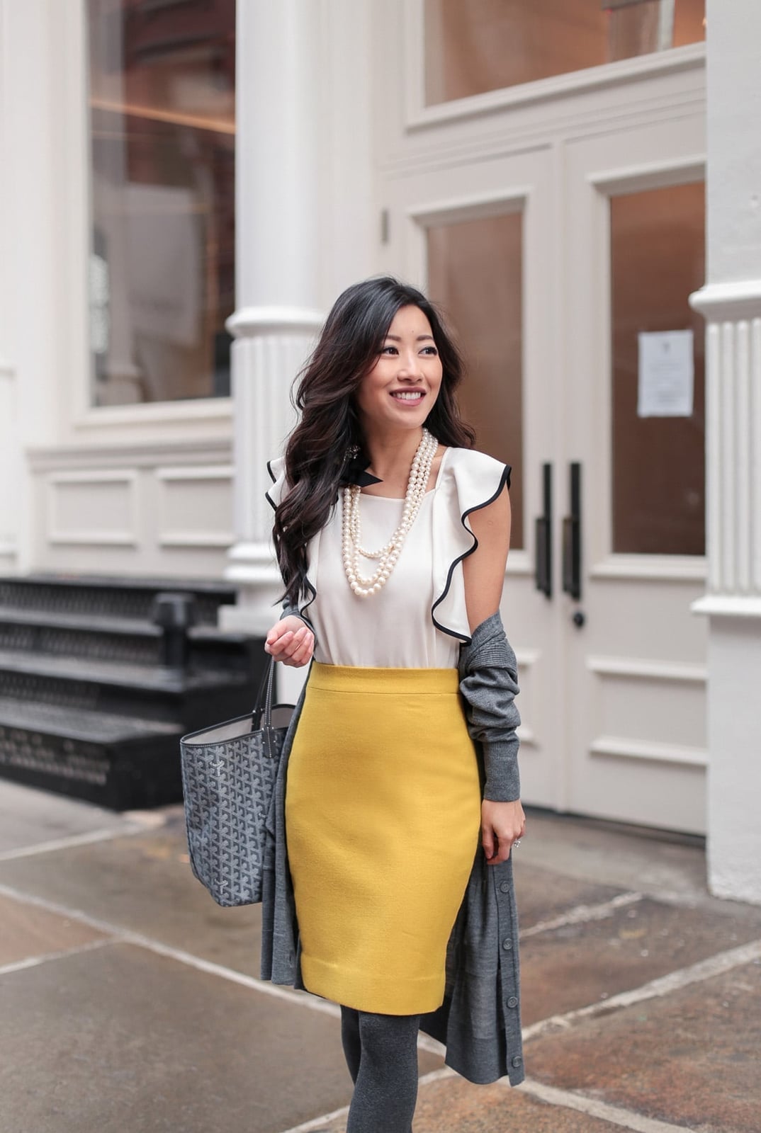 Yellow Pencil Skirt with Ruffled White Top and Gray Cardigan, Knit — Skirt Outfit Work