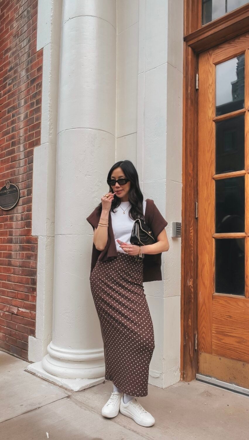 Brown Polka Dot Midi Skirt with White T-Shirt and Cardigan — Skirt Outfit Work