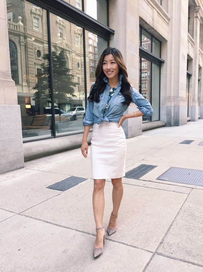 Cream Pencil Skirt with Tied Denim Shirt — Skirt Outfit Work