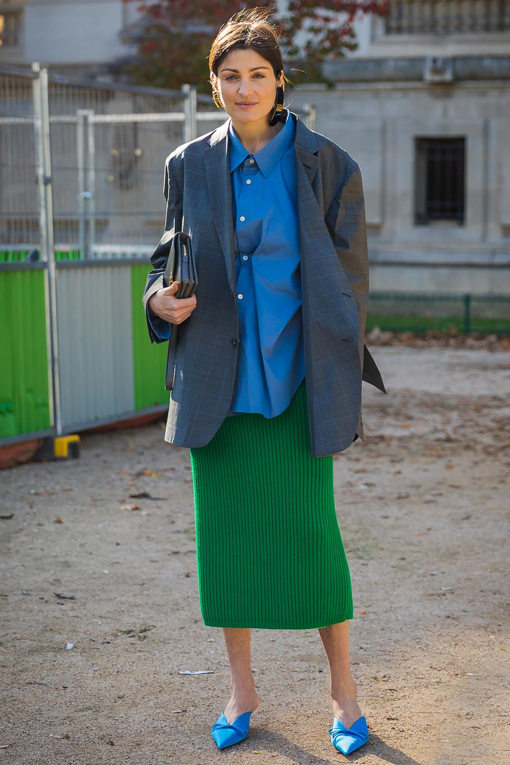 Bright Green Ribbed Pencil Skirt with Checked Blazer — Skirt Outfit Work