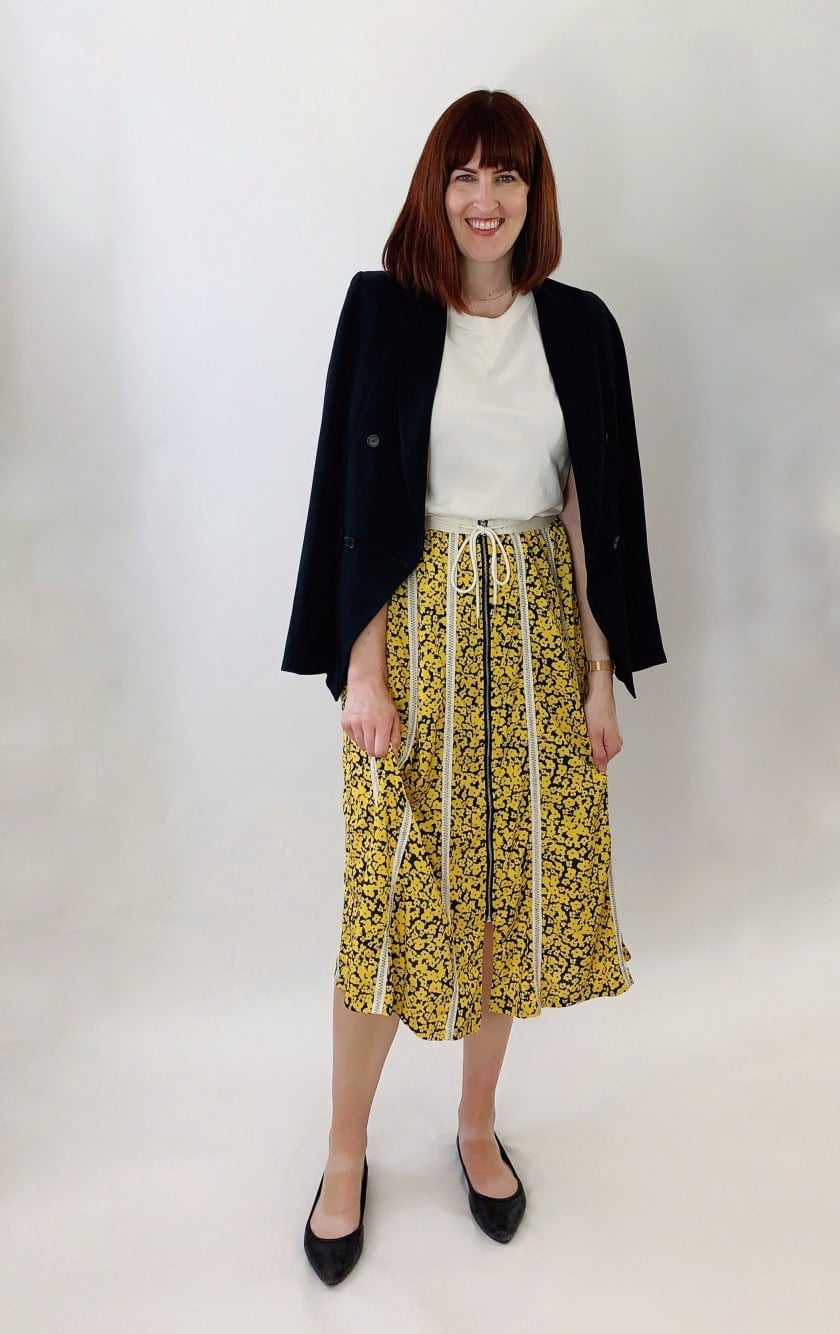 Yellow Floral Midi Skirt with Draped Blazer — Skirt Outfit Work