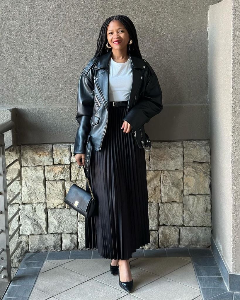 Black Pleated Midi Skirt with Leather Moto Jacket — Skirt Outfit Work