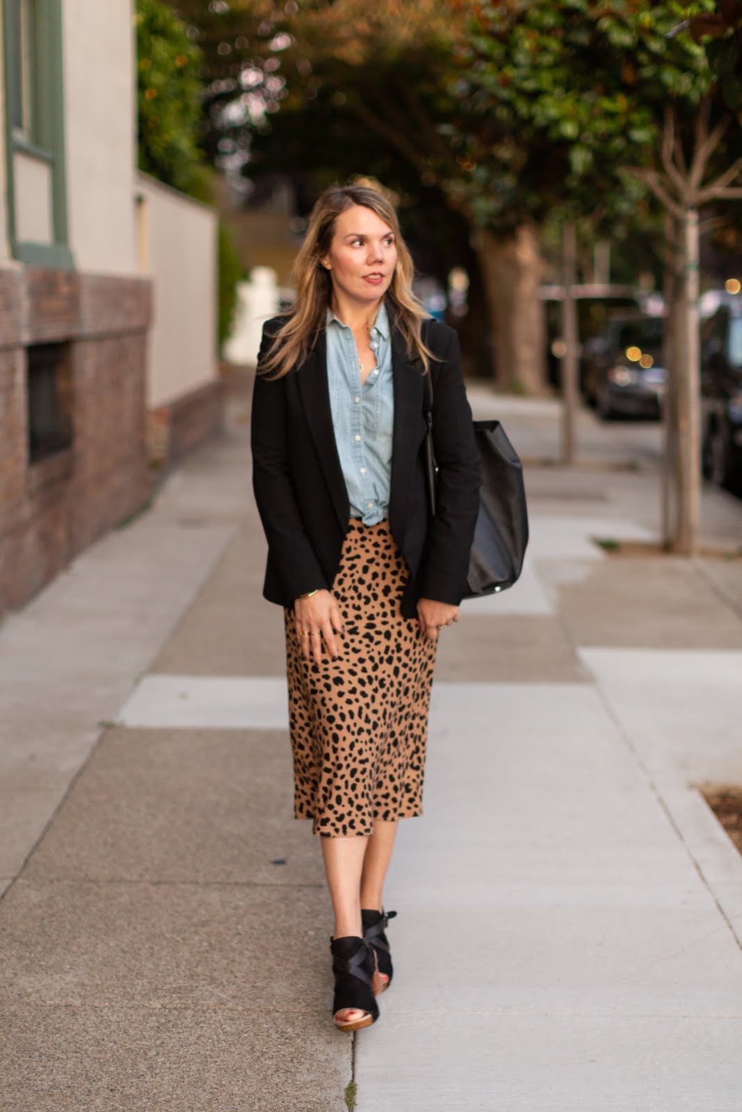 Leopard Print Pencil Skirt with Denim Shirt and Blazer — Skirt Outfit Work