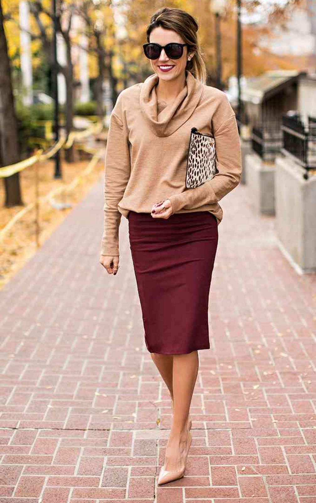 Burgundy Pencil Skirt with Cowl-Neck Sweater — Skirt Outfit Work
