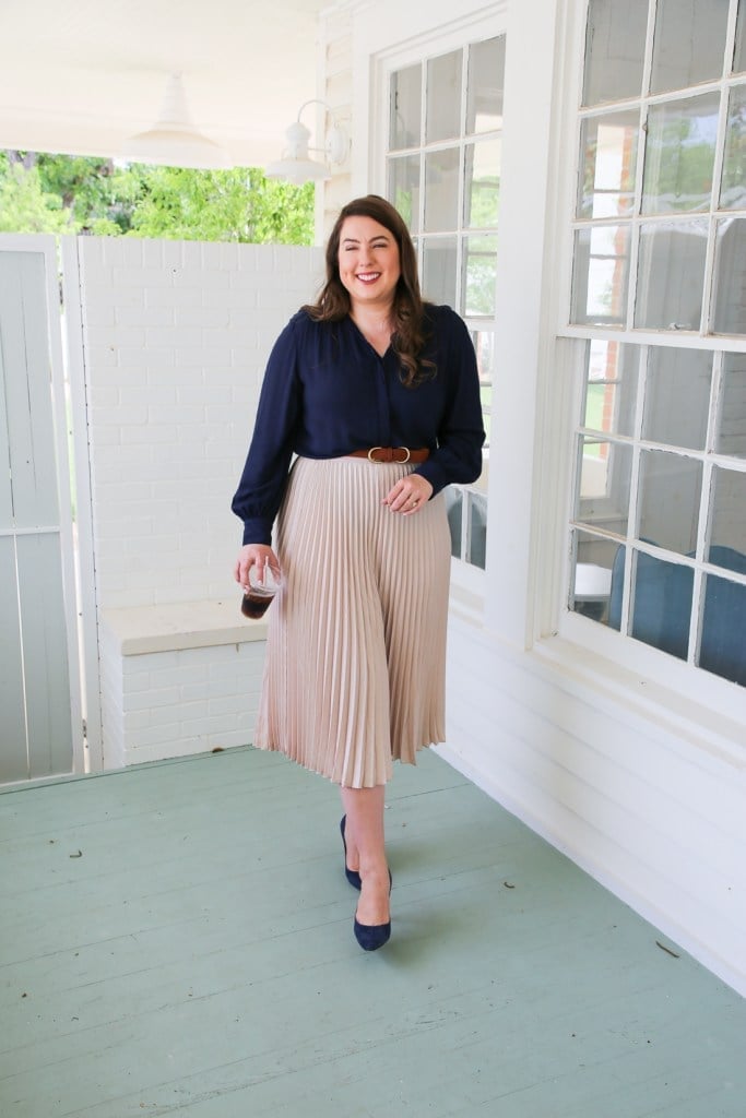 Beige Pleated Midi Skirt with Navy Blouse and Belt — Skirt Outfit Work