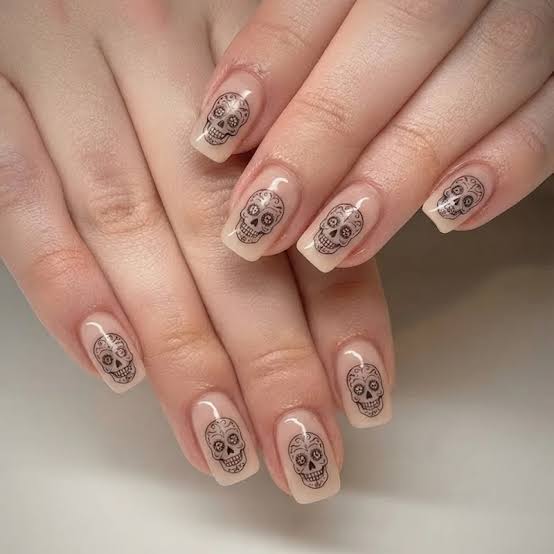 Nude Short Square Minimalist Skull Nails Nude Short Square Minimalist Skull Nails