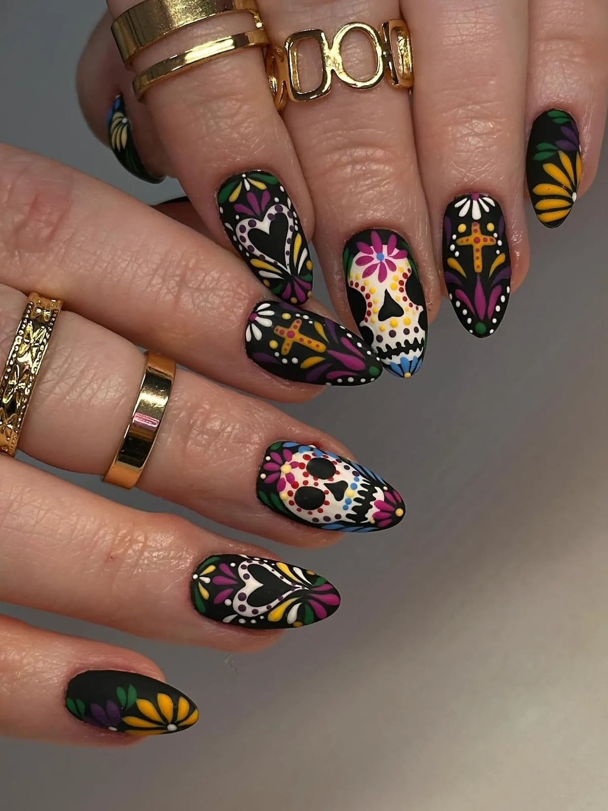 Matte Black Medium Almond Colorful Sugar Skull Nails Matte Black Medium Almond Colorful Sugar Skull Nails