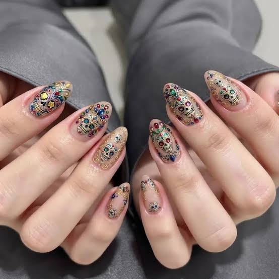 Beige Medium Oval Ornate Sugar Skull Nails Beige Medium Oval Ornate Sugar Skull Nails