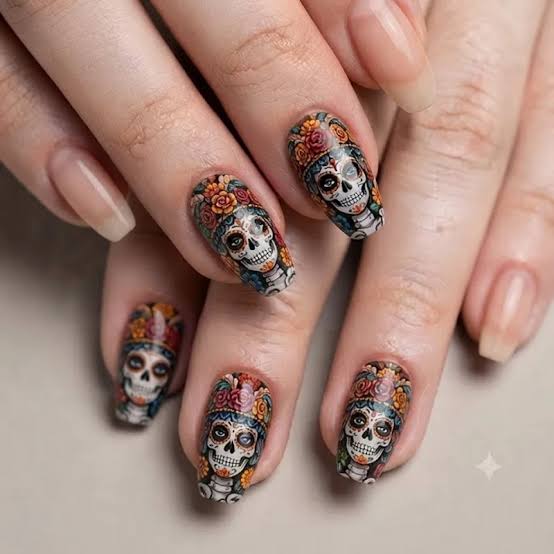 Multicolor Medium Coffin Intricate Sugar Skull Nails Multicolor Medium Coffin Intricate Sugar Skull Nails