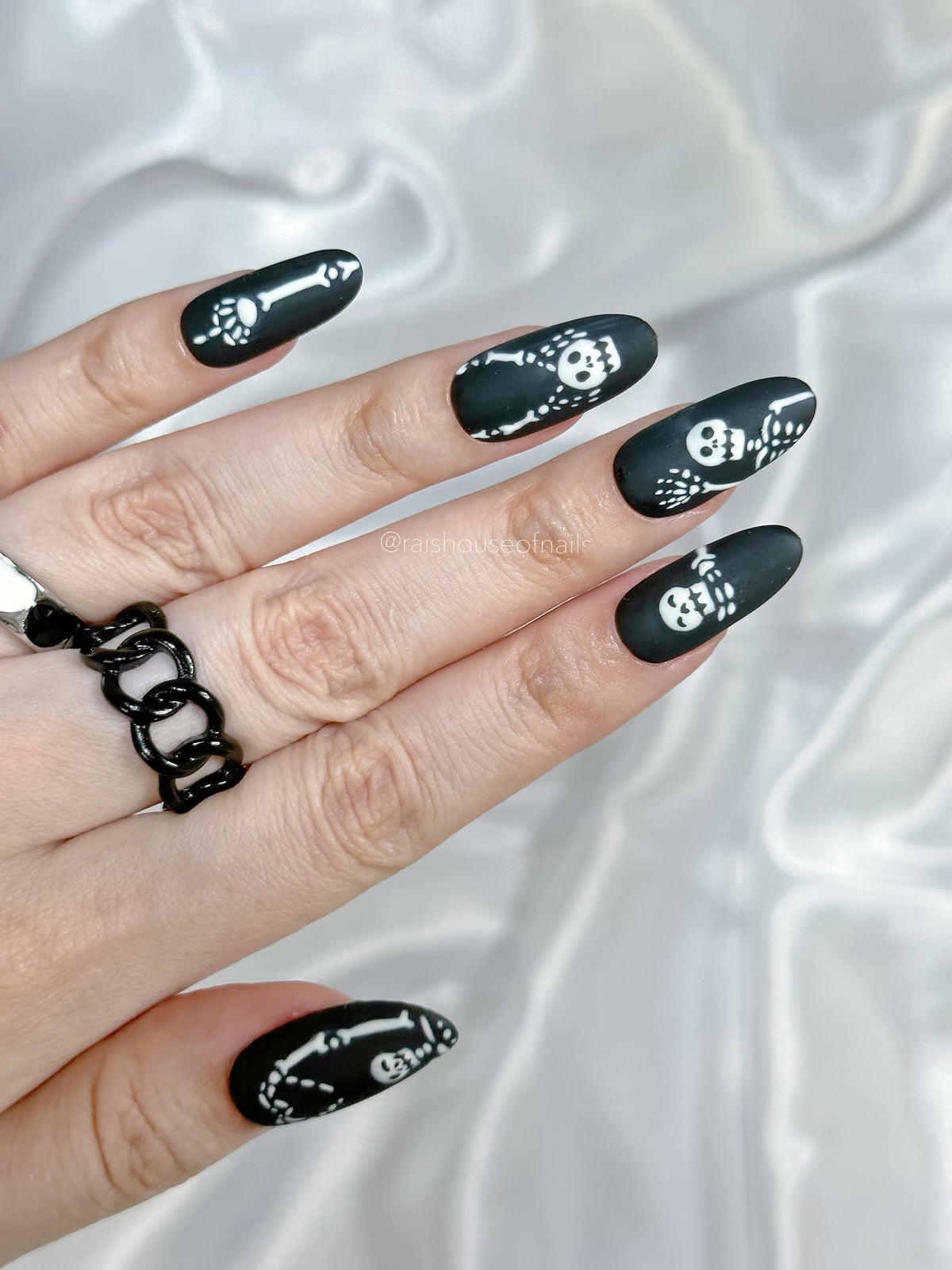 Matte Black Long Almond Skeleton Bone Skull Nails Matte Black Long Almond Skeleton Bone Skull Nails