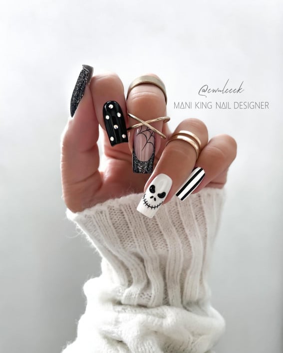 Long Coffin Jack Skellington Stripe Glitter Nails Long Coffin Jack Skellington Stripe Glitter Nails — Skull Nails