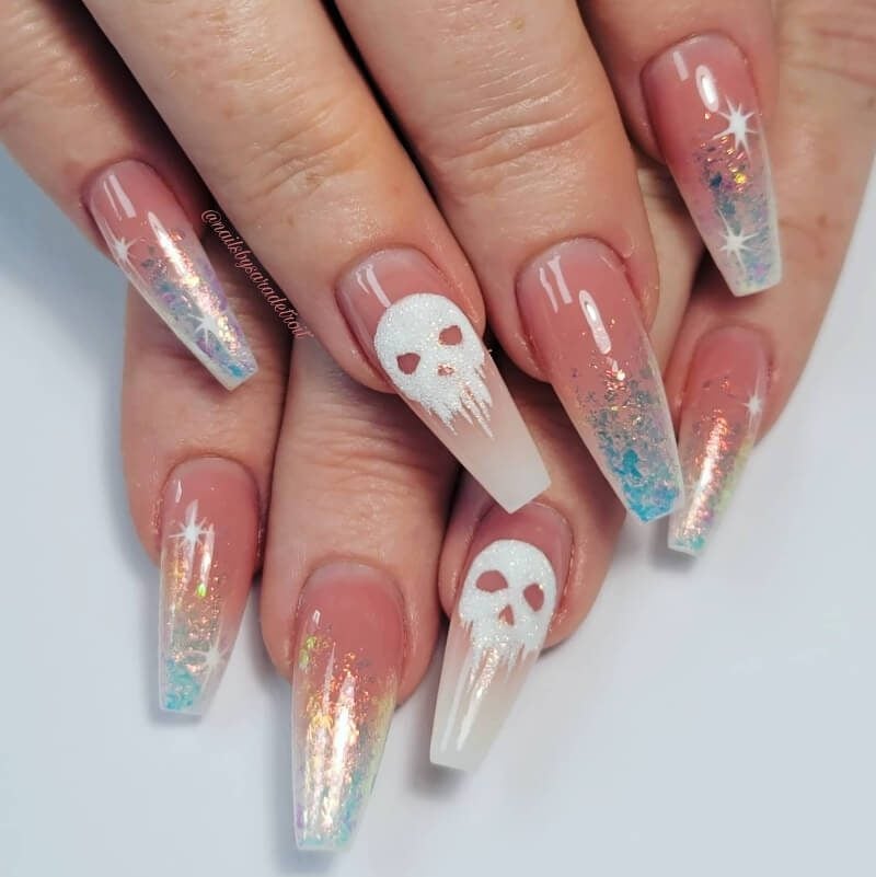 Long Coffin Pink Ombre French Skull Glitter Nails Long Coffin Pink Ombre French Skull Glitter Nails — Skull Nails