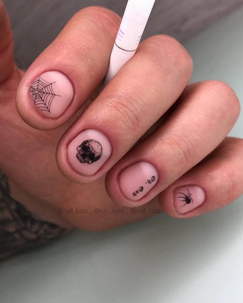 Matte Sheer Nude Short Square Skull Spiderweb Nails Matte Sheer Nude Short Square Skull Spiderweb Nails — Skull Nails