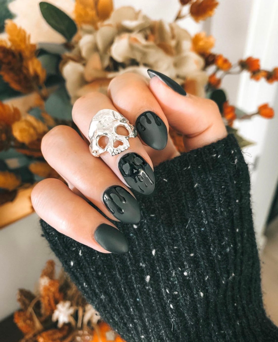 Charcoal Gray Long Stiletto Matte Black Skull Drip Nails Charcoal Gray Long Stiletto Matte Black Skull Drip Nails — Skull Nails