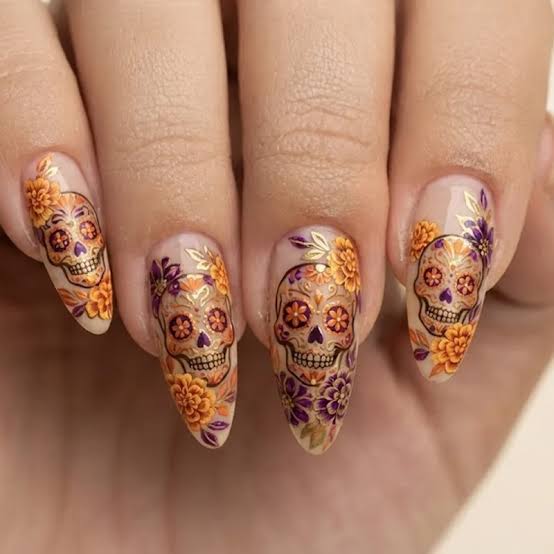 Long Stiletto Sheer Nude Sugar Skull Floral Nails Long Stiletto Sheer Nude Sugar Skull Floral Nails — Skull Nails