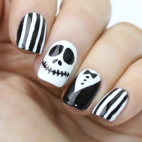 Short Square Black and White Jack Skellington Nails Short Square Black and White Jack Skellington Nails — Skull Nails